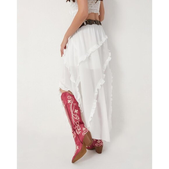 Women's Knee High Heel Floral Embroidered Red Classic Design Western Boots - Picture 5 of 8